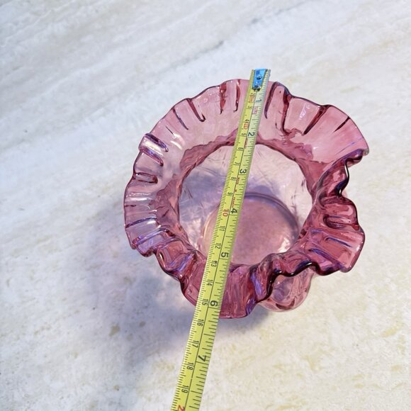 Vintage Fenton Cranberry Diamond Optic Ruffled Melon Rose Bowl Vase - Picture 7 of 8